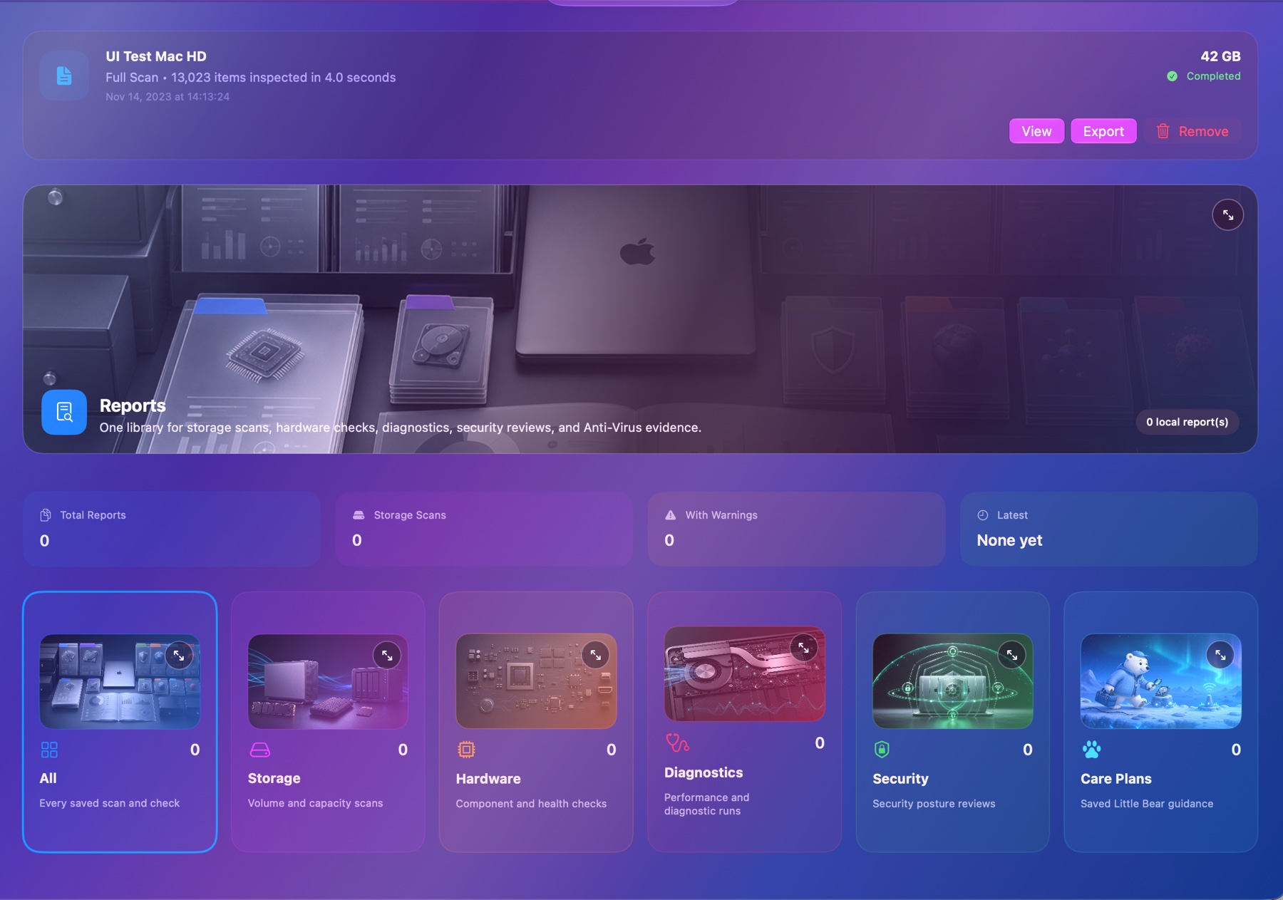 Mac Doctor Reports workspace with colorful translucent category cards and in-app report actions