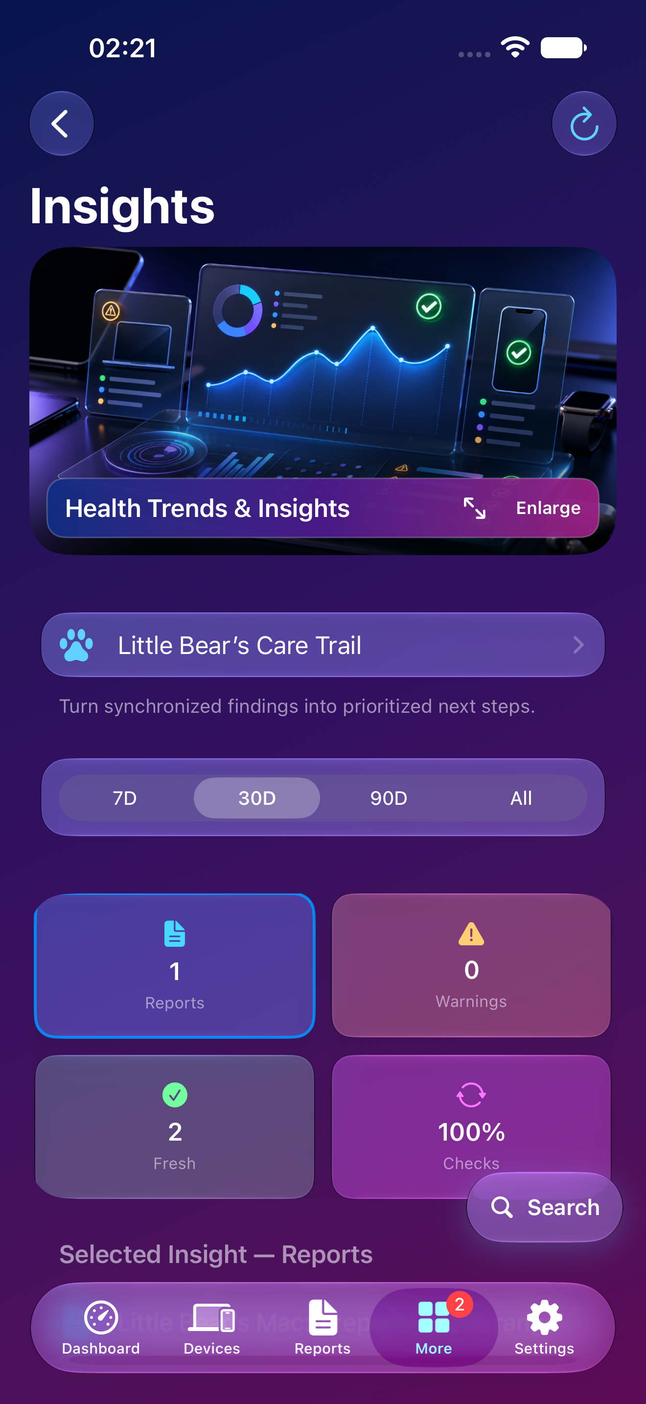 Mac Doctor Mobile Insights showing individually spaced colorful translucent cards on the Ocean background
