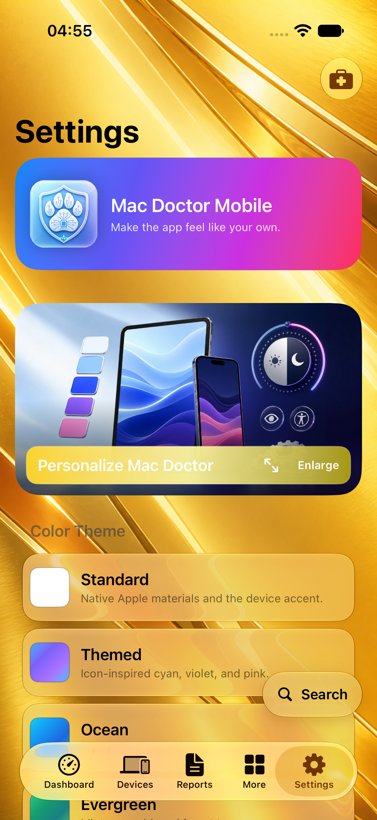 Mac Doctor Mobile Settings in Golden Light with a detailed bright metallic background
