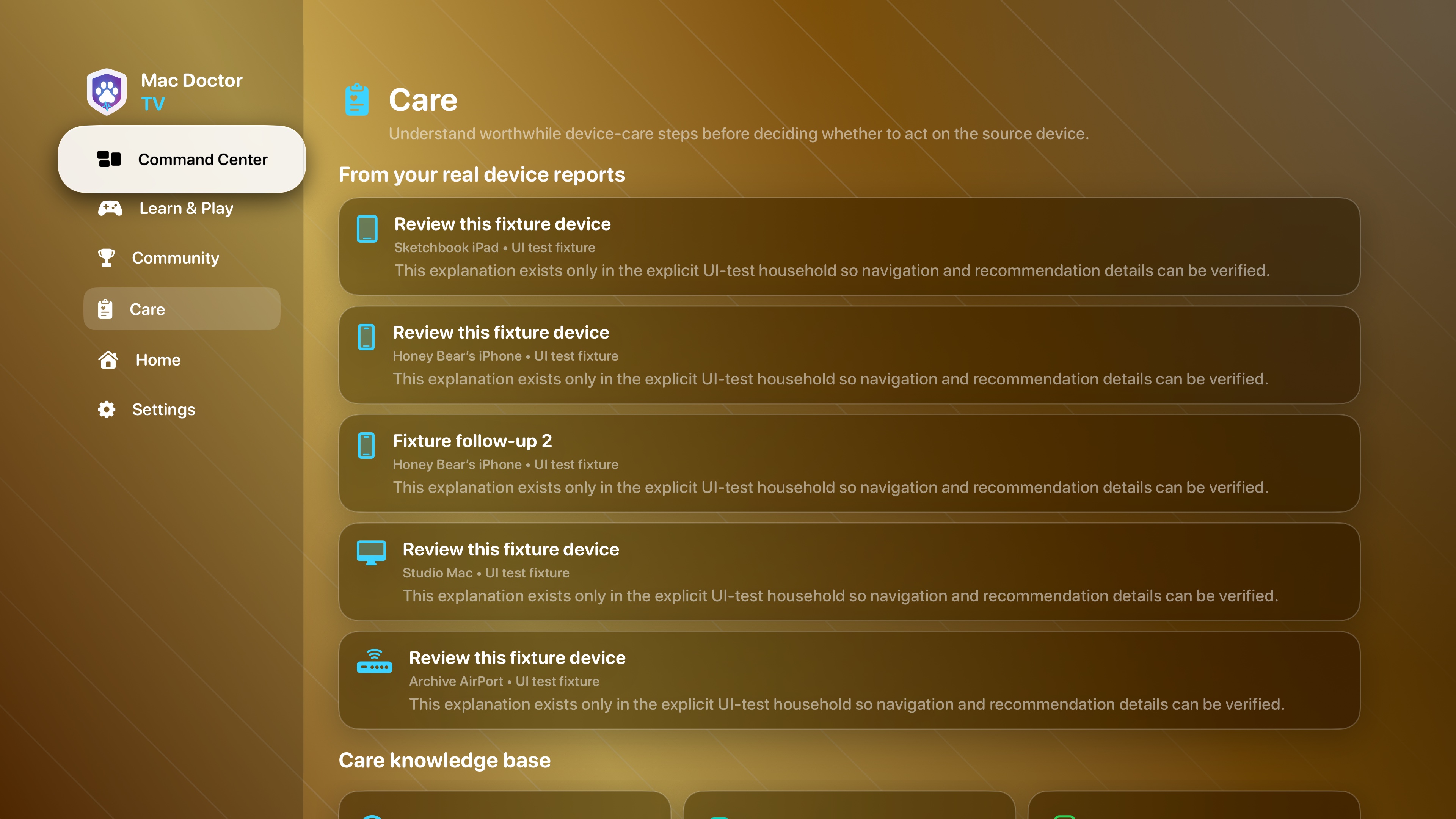 Mac Doctor TV Care screen showing synthetic device follow-ups and the Care knowledge base