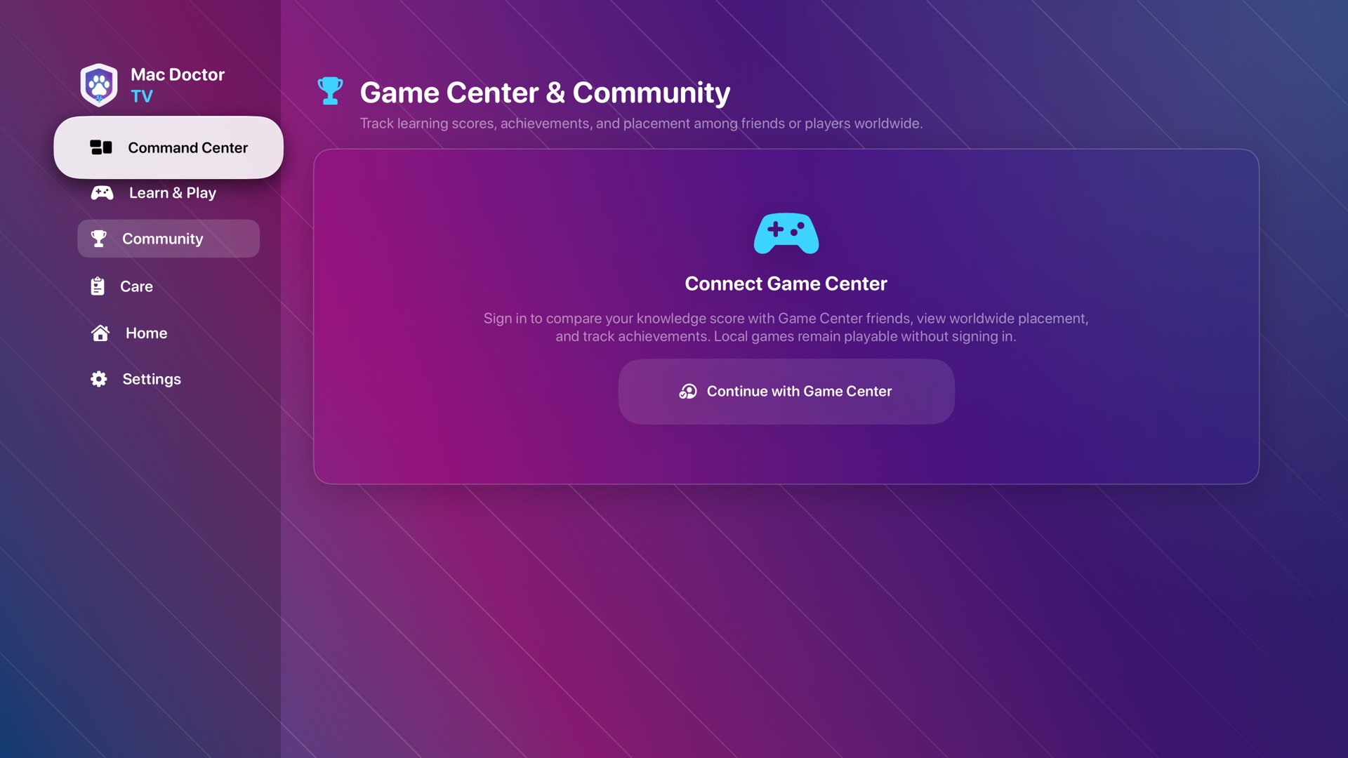 Real Mac Doctor TV Game Center and Community sign-in screen