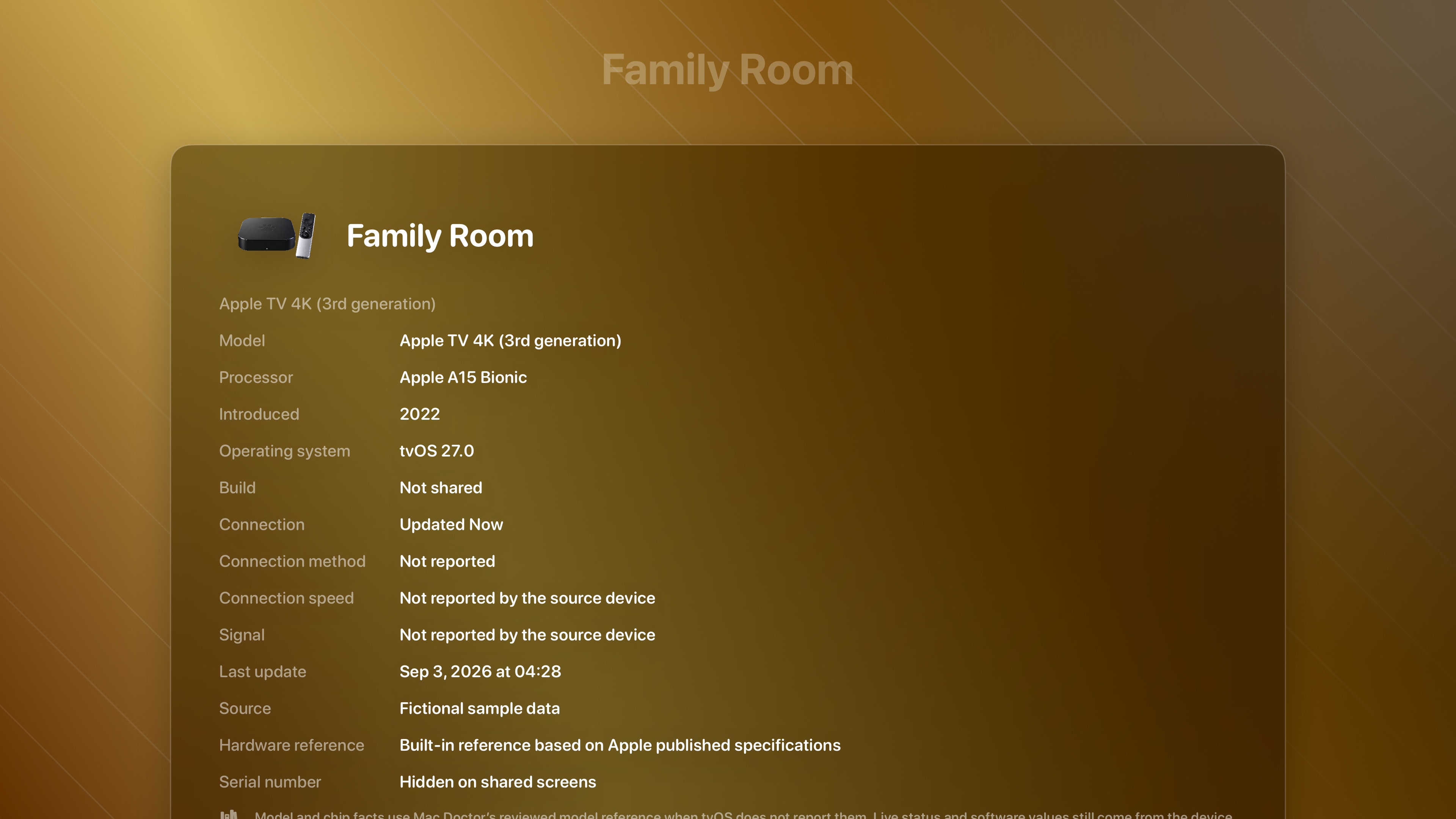 Mac Doctor TV detail for a fictional Family Room Apple TV with original device artwork and reviewed Apple TV 4K, A15 Bionic, and 2022 hardware facts