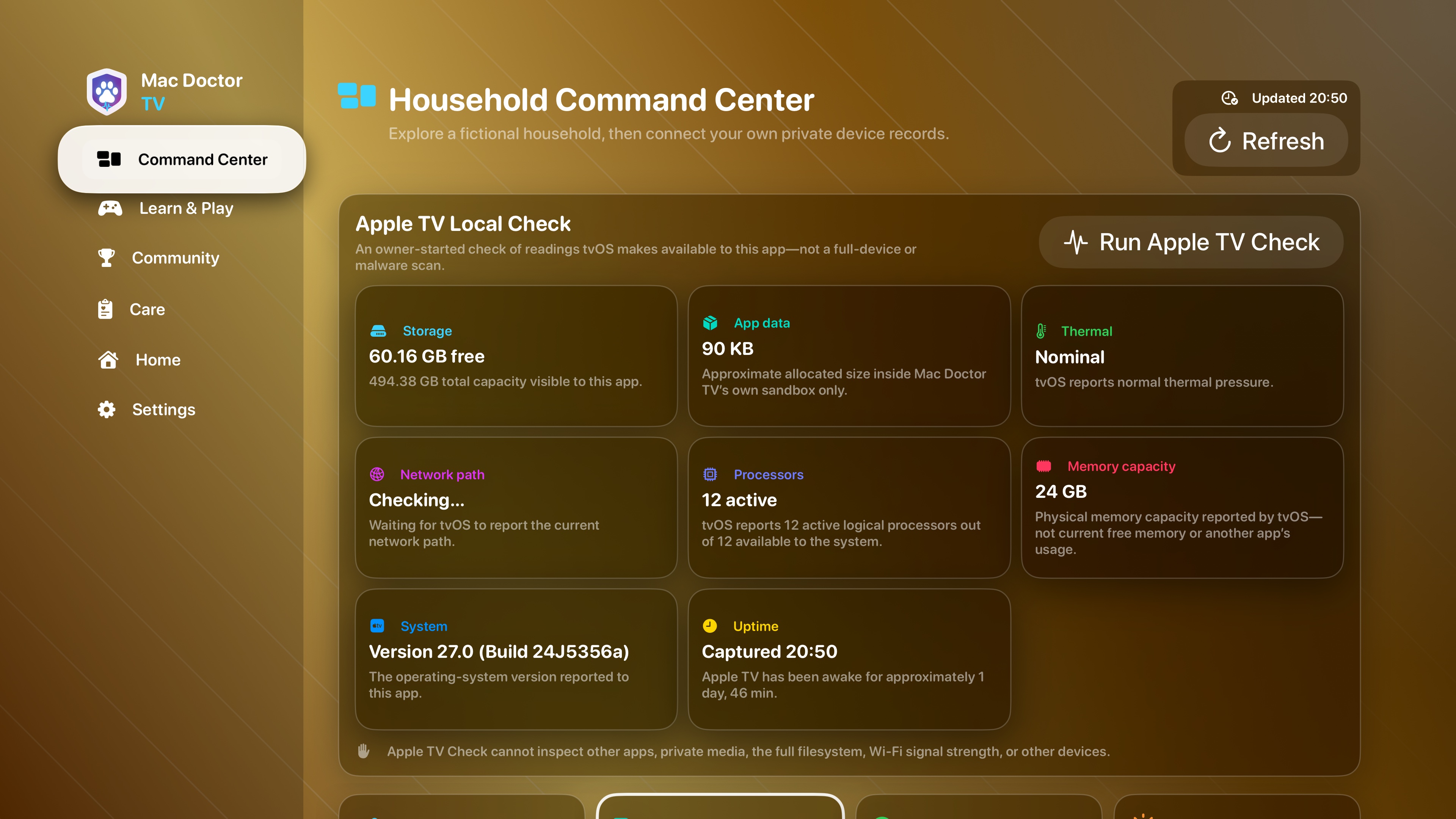Mac Doctor TV Apple TV Local Check showing storage, app data, thermal pressure, network path, processors, memory capacity, system version, and uptime