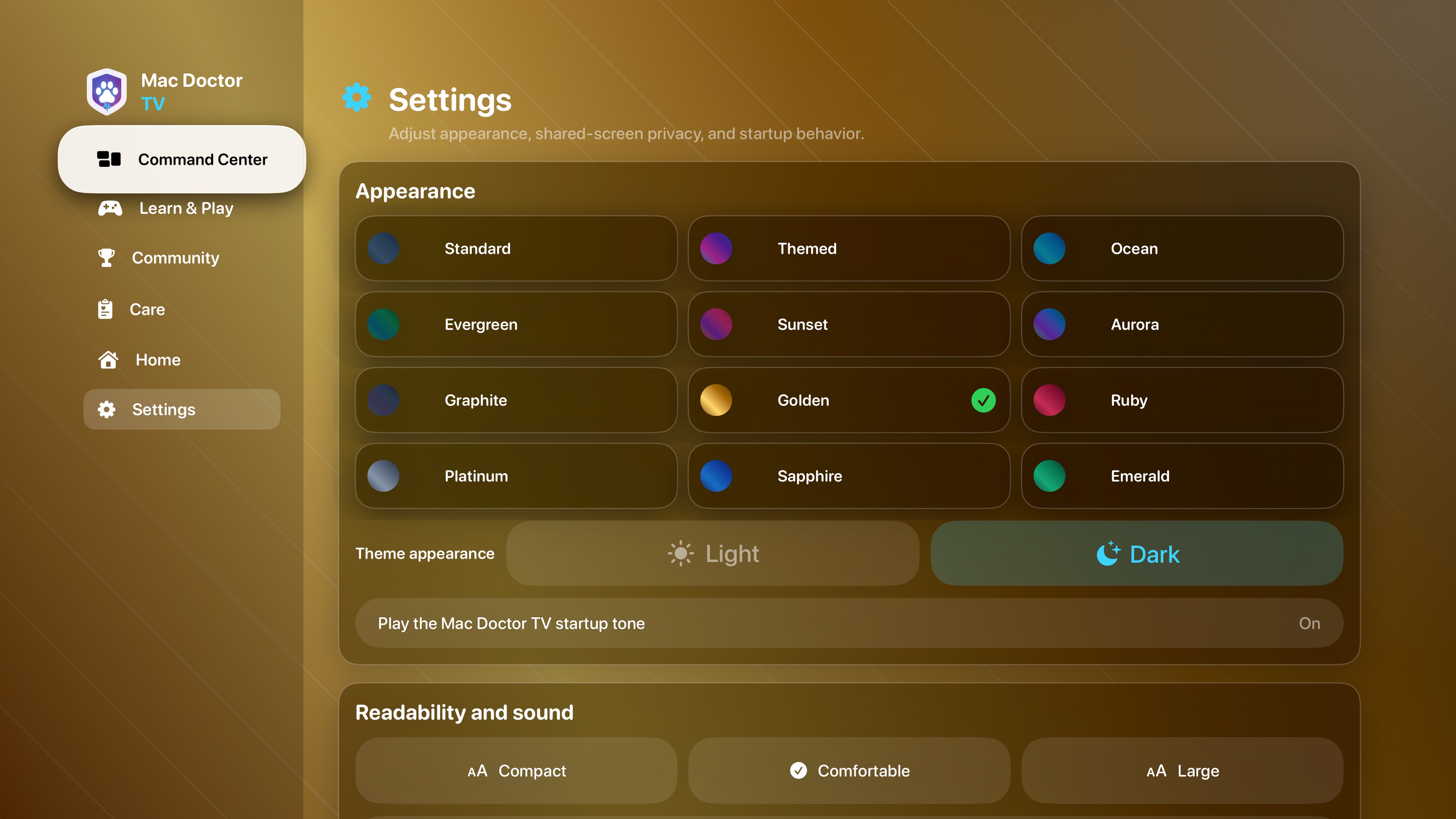 Verified Mac Doctor TV Settings screen showing the theme selector, Golden Dark, text size, and original music controls