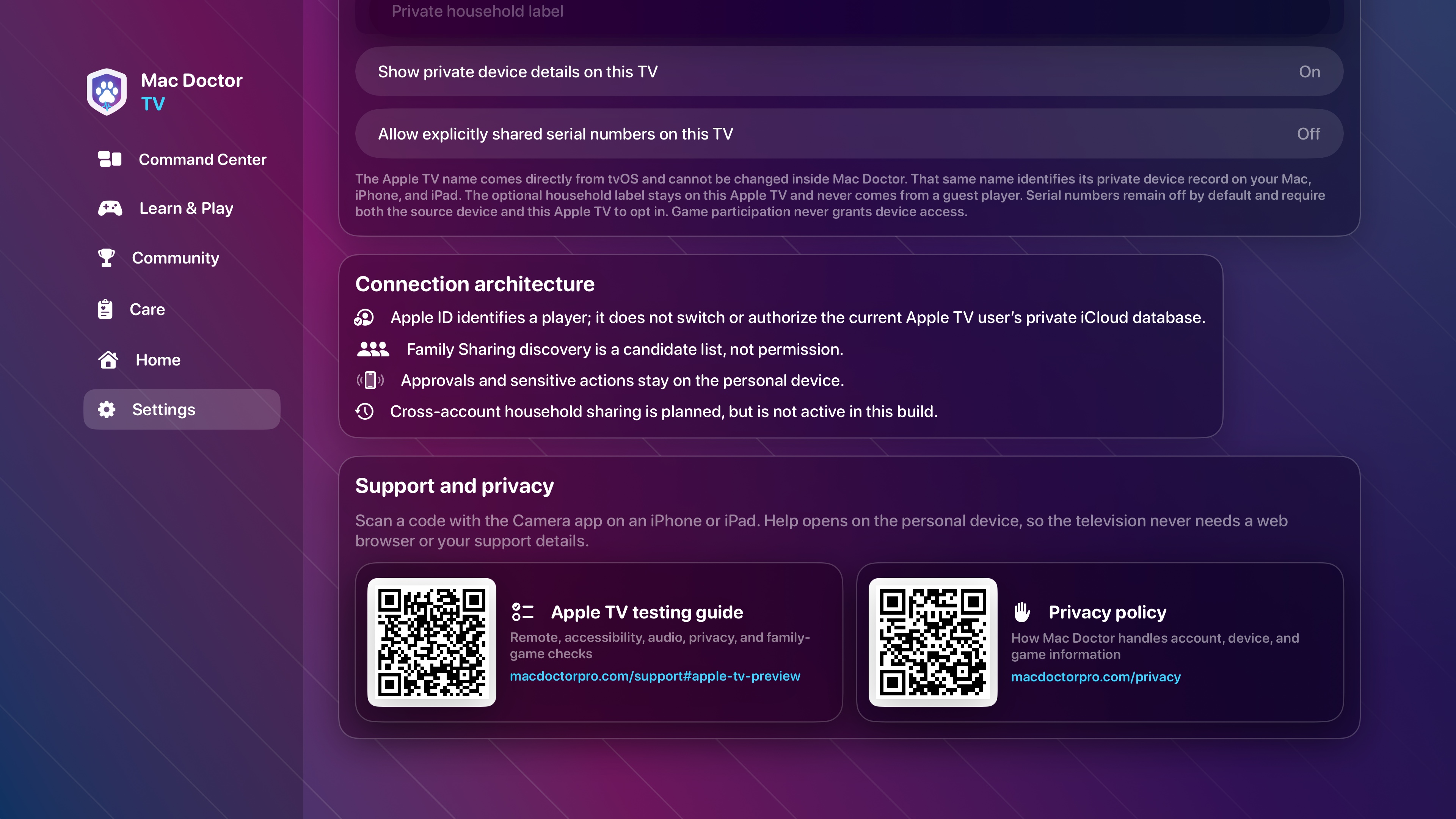 Mac Doctor TV Settings showing scannable Apple TV testing guide and privacy policy cards with public web addresses